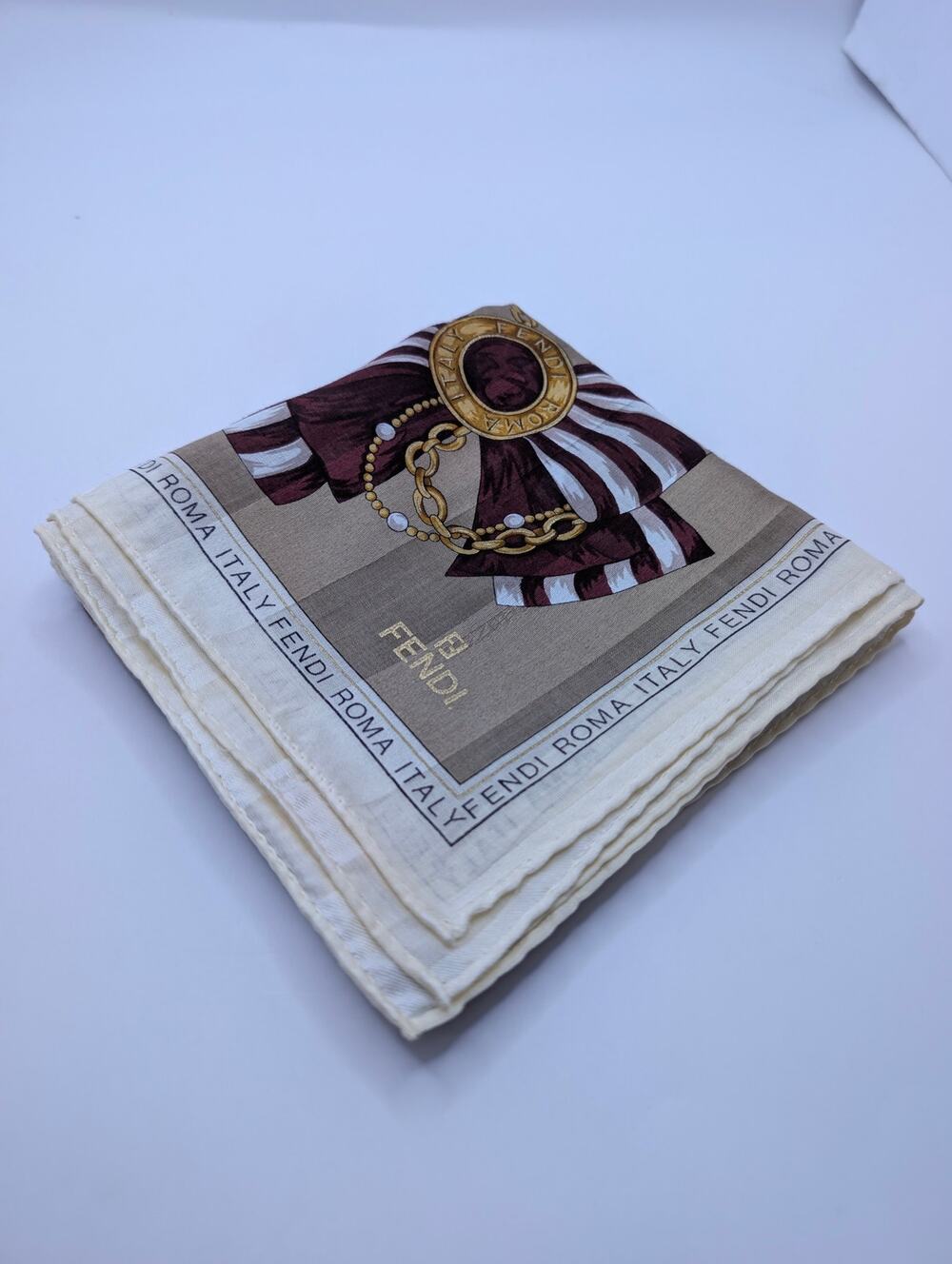 Fendi Silk Scarf Bow Chain Pearl FF Logo Hidden Wordmark 22" Beige, Brown Maroon